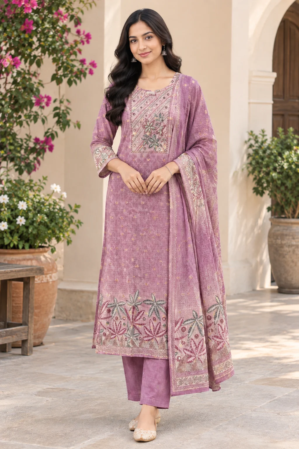 Botanical Border Kota Doria Straight Set — Dusty Lilac front