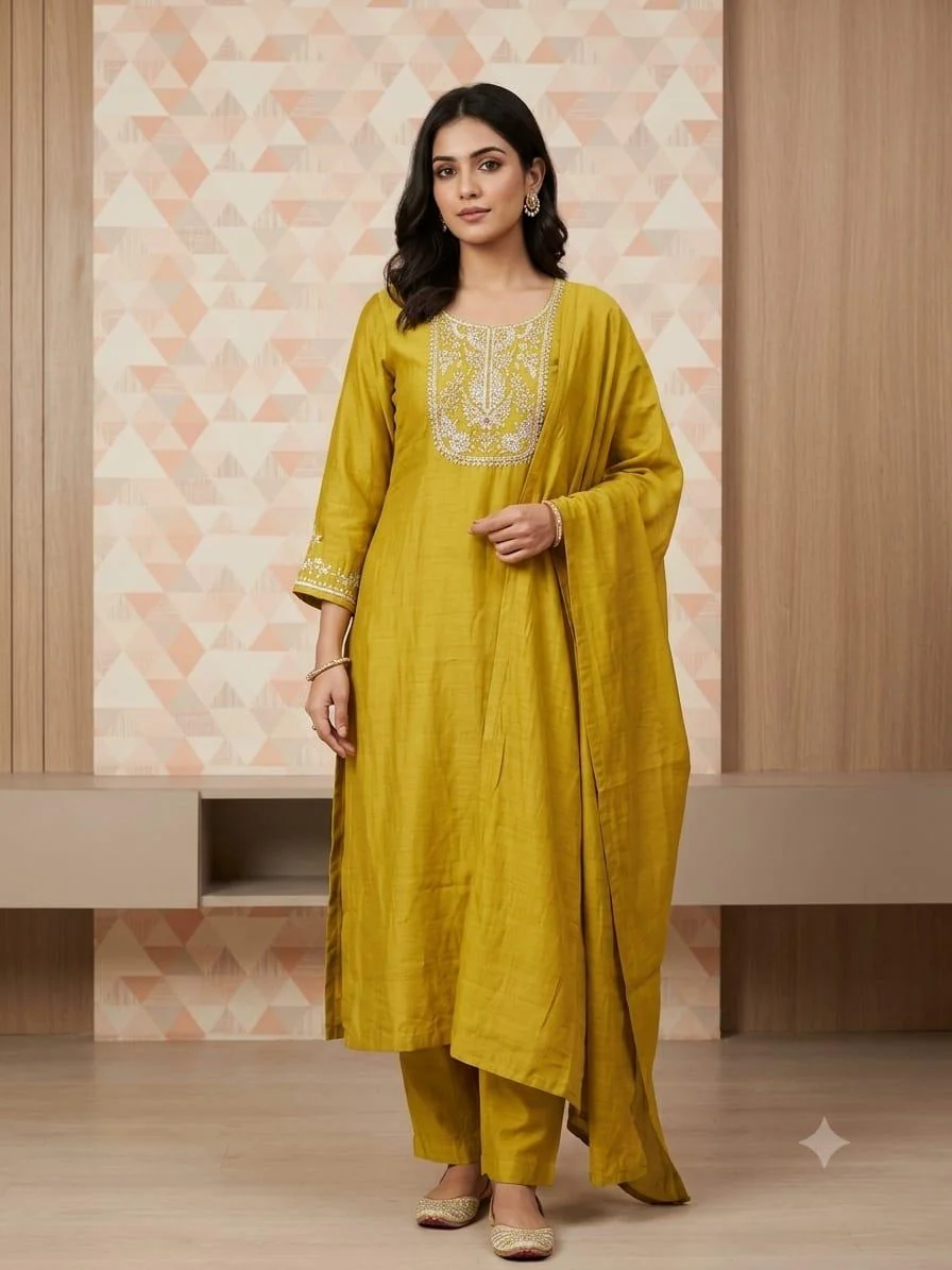 Mehendi Green Zari Yoke Mul Chanderi Suit — front