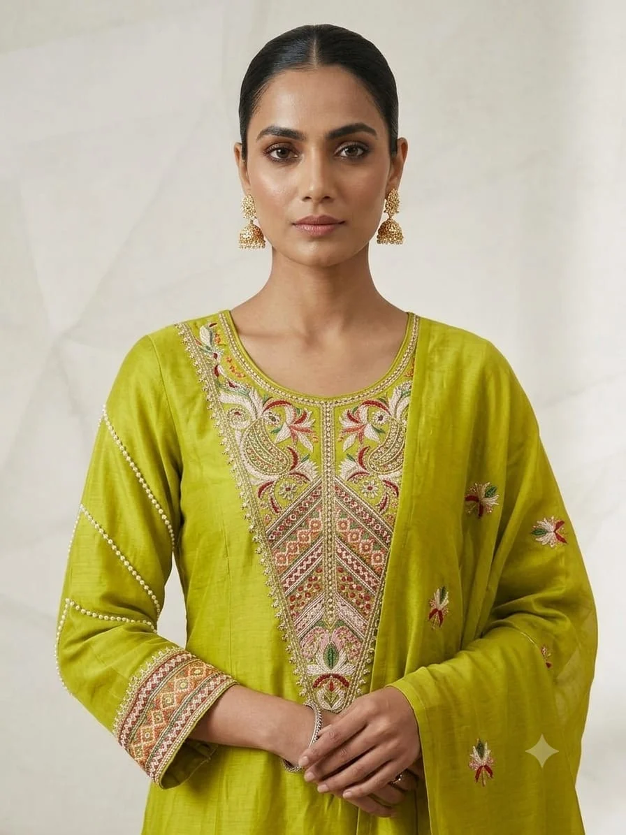 Geometric V-Yoke Mul Chanderi Straight Suit — close-up