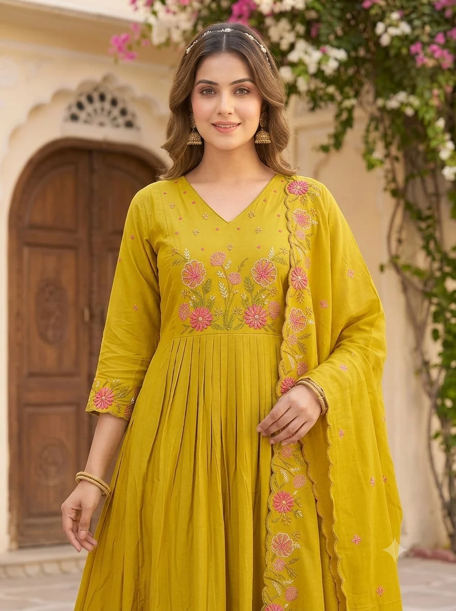 Scalloped Border Resham Anarkali Set — Mustard Yellow close-up