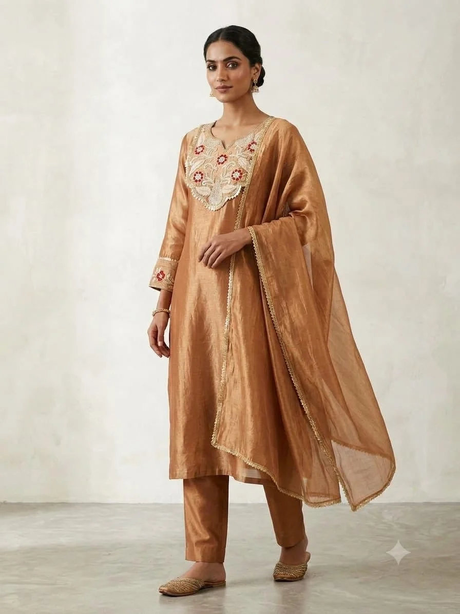 Zardozi Scalloped Yoke Salsa Silk Suit — Caramel front