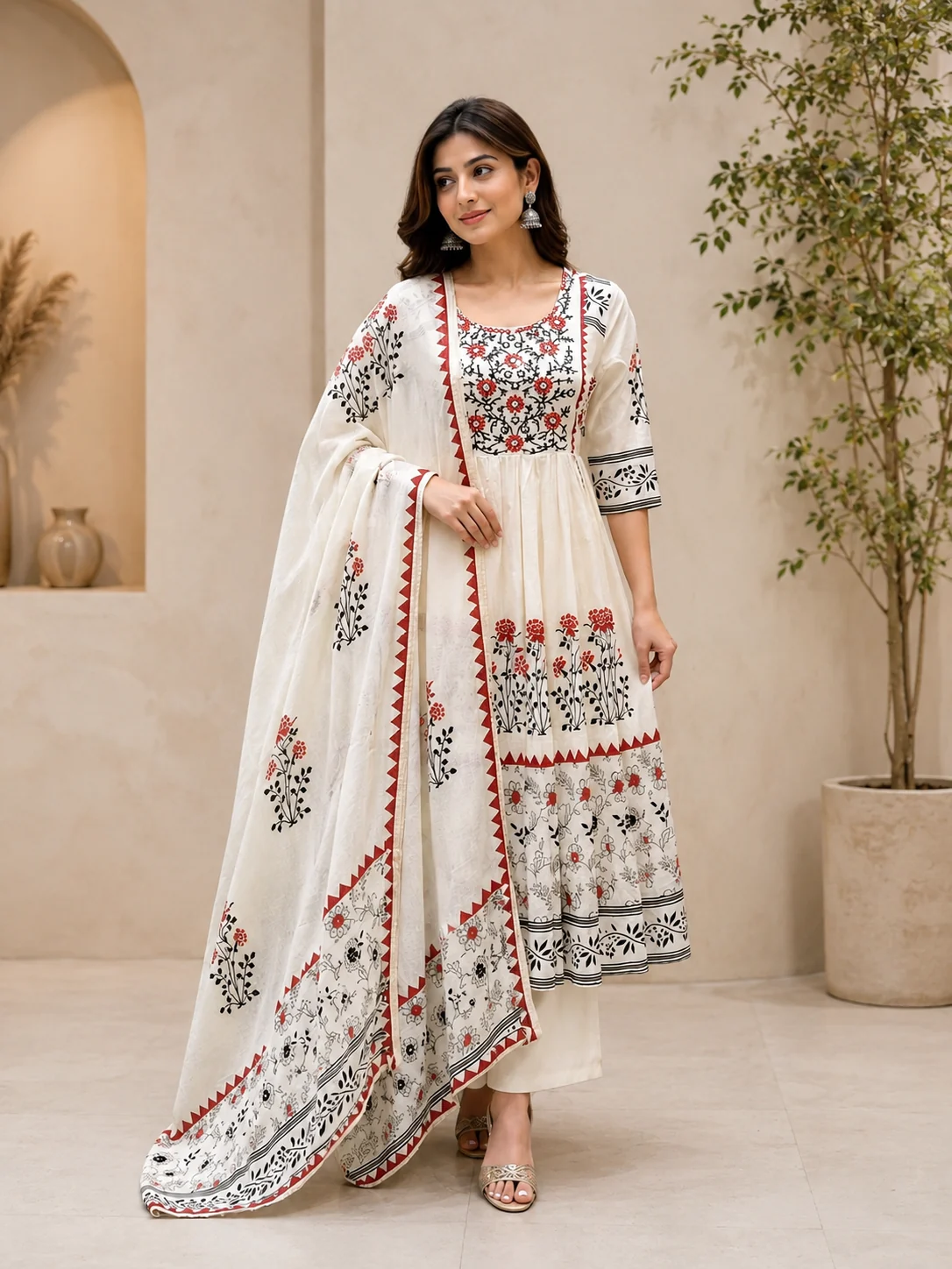 Off-White/Ivory & Crimson Red Anarkali Suit Set — front