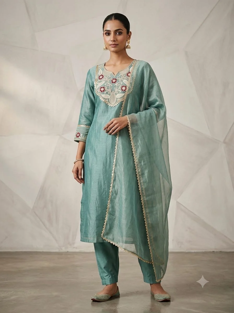 Zardozi Scalloped Yoke Salsa Silk Suit — Sage Green front