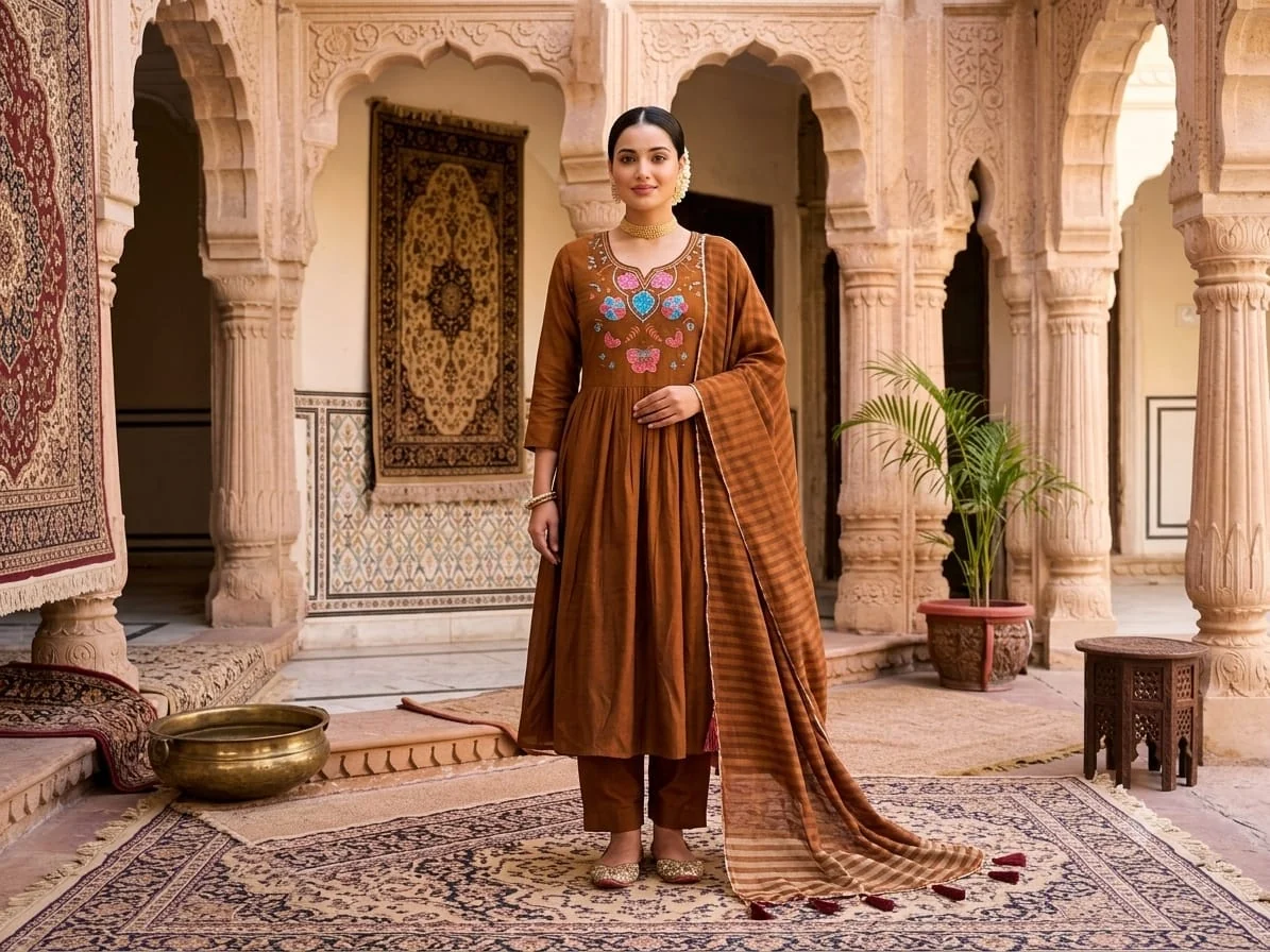 Pastel Floral Yoke Flared Anarkali Set — Cinnamon Brown front