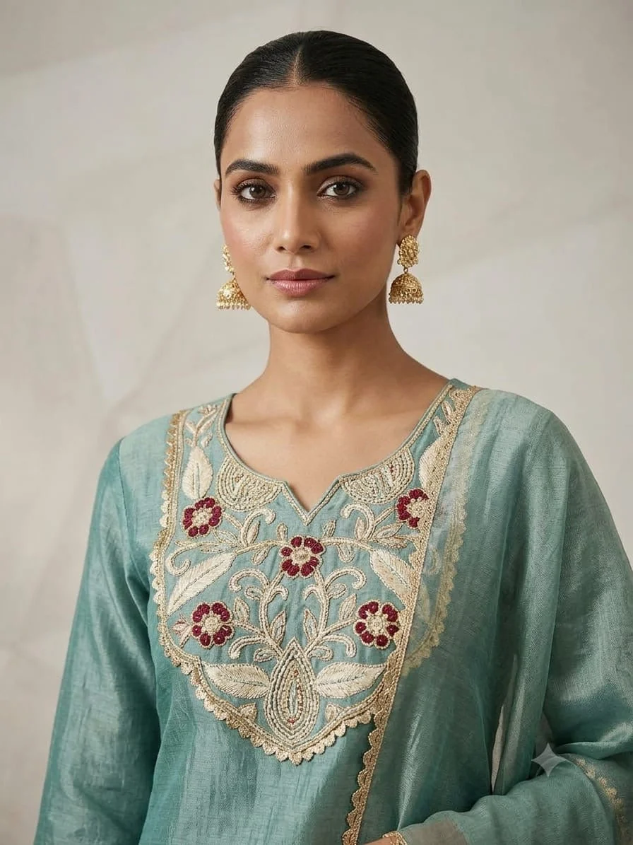 Zardozi Scalloped Yoke Salsa Silk Suit — Sage Green close-up