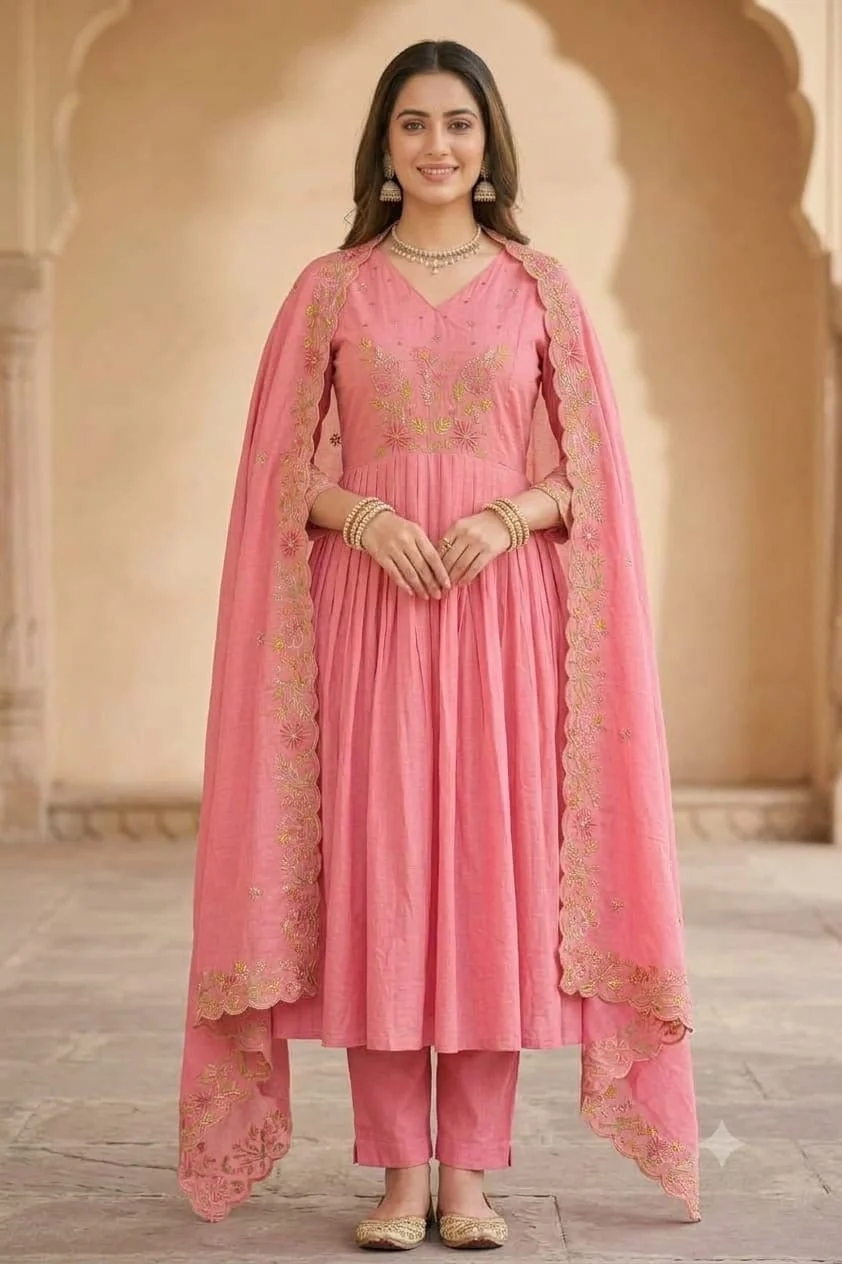 Scalloped Border Resham Anarkali Set — Candy Pink front